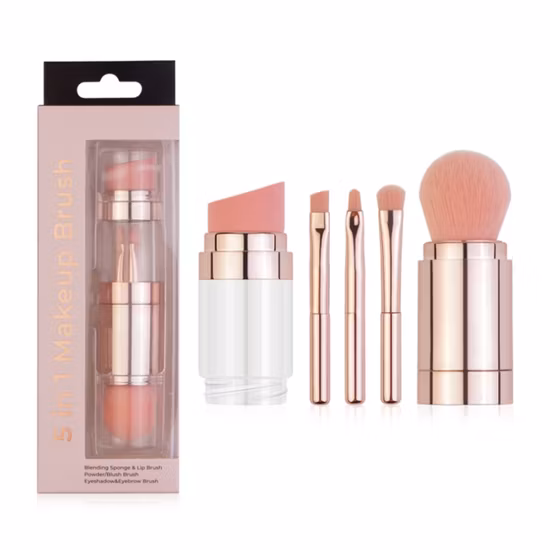 2021 New Styles Mini 5 in 1 Powder Makeup Brush Double Ended Multifunction Retractable Pink Rose Gold Makeup Brush Set