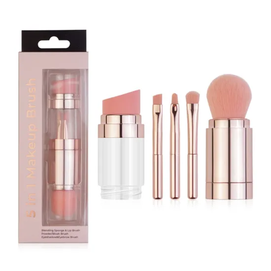 2021 New Styles Mini 5 in 1 Powder Makeup Brush Double Ended Multifunction Retractable Pink Rose Gold Makeup Brush Set